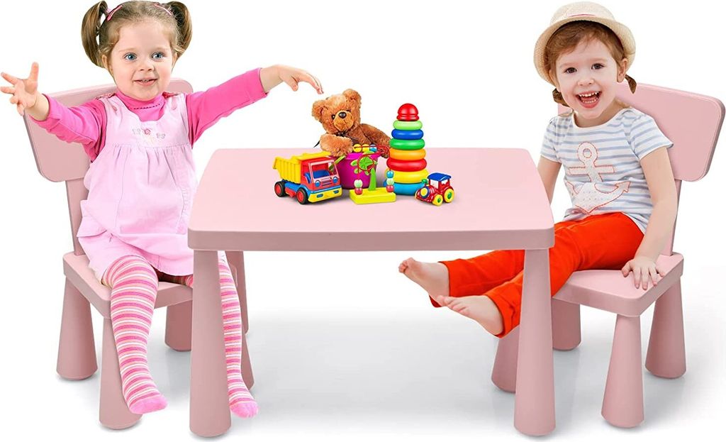 3tlg. Kindersitzgruppe mit 1 Tisch & 2 Stühlen, Kindertisch mit 2 Stühle zum Lernen & Essen & Spielen, Sitzgruppe Kindermöbel Set (Rosa)