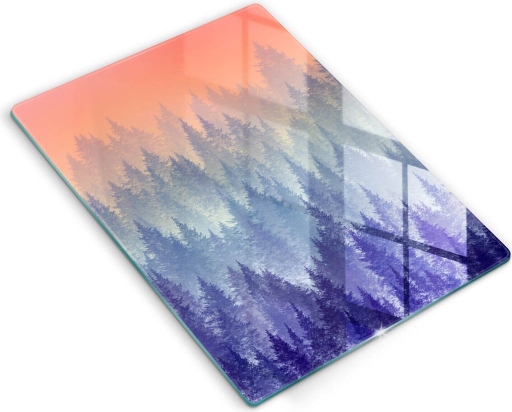 Glasschneideplatte - Herdabdeckplatte - 40x52 cm - Schneidebrett - Spritzschutz - Wald bei Sonnenuntergang