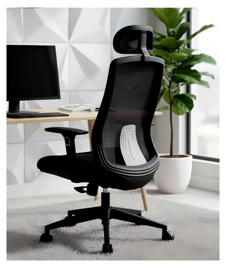 Ergonomischer Bürostuhl, Hochlehner Bürodrehstuhl mit 5-facher Verstellung, S-förmiger Rückenlehne und Kopfstütze, Sitzkomfort für Home Offic...