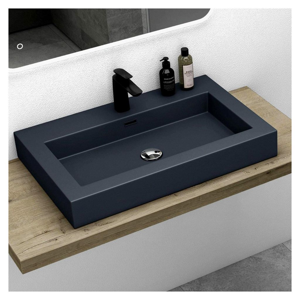 Waschbecken Hängewaschtisch Aufsatzwaschbecken Mineralguss Anthrazit matt 1 Armaturenloch rechteckig Breite: 73 cm