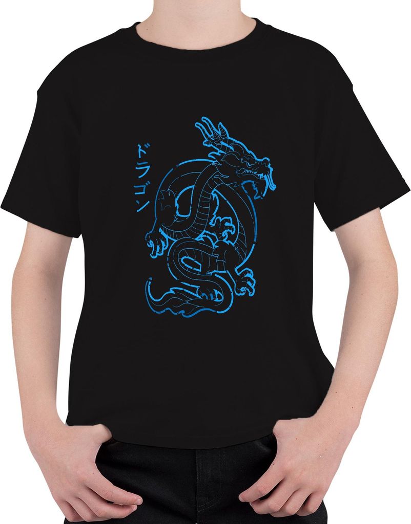 Japanischer Drache Neon Blau Katakana ドラゴン Cyberpunk Yakuza Retro Uni Kinder T-Shirt, Schwarz, 152
