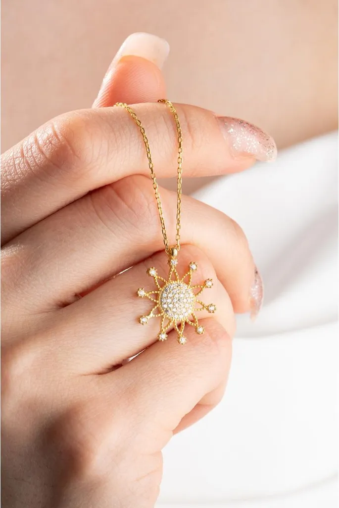 Collier en argent 925 pendentif soleil doré et zircone pour femme