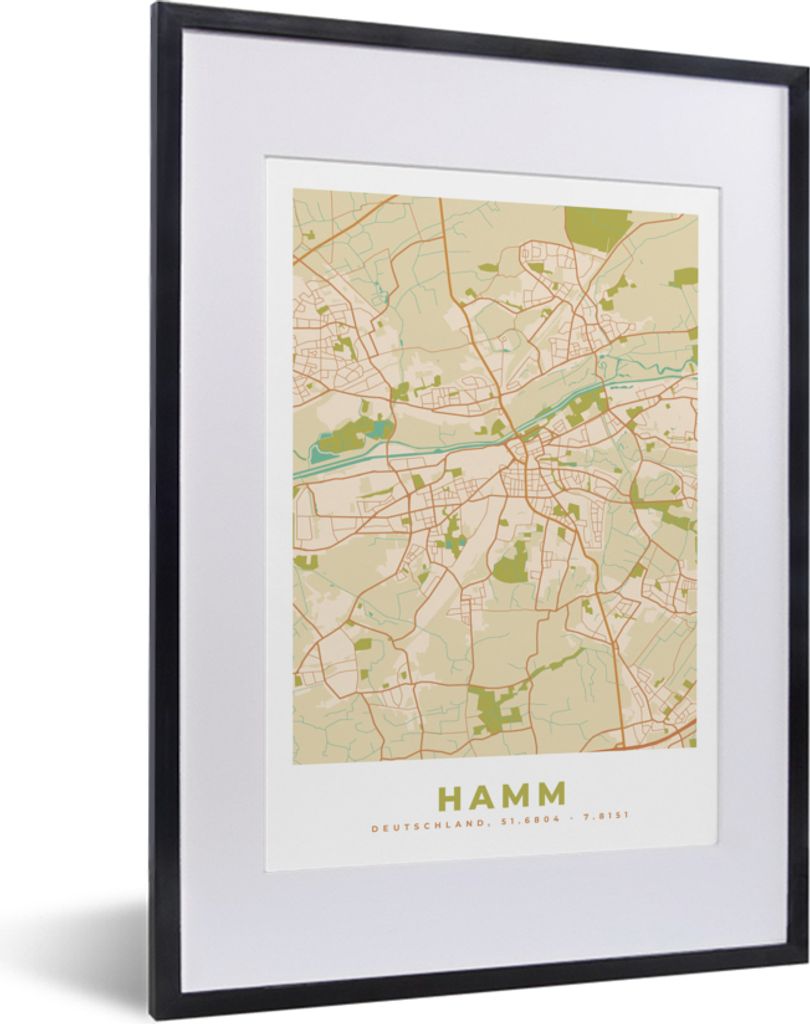 MuchoWow Gerahmtes Poster Karte - Hamm - Vintage - Stadtplan 30x40 cm - Poster mit Schwarzem Bilderrahmen Wandposter Rahmen Foto Bilder - Wandpos...