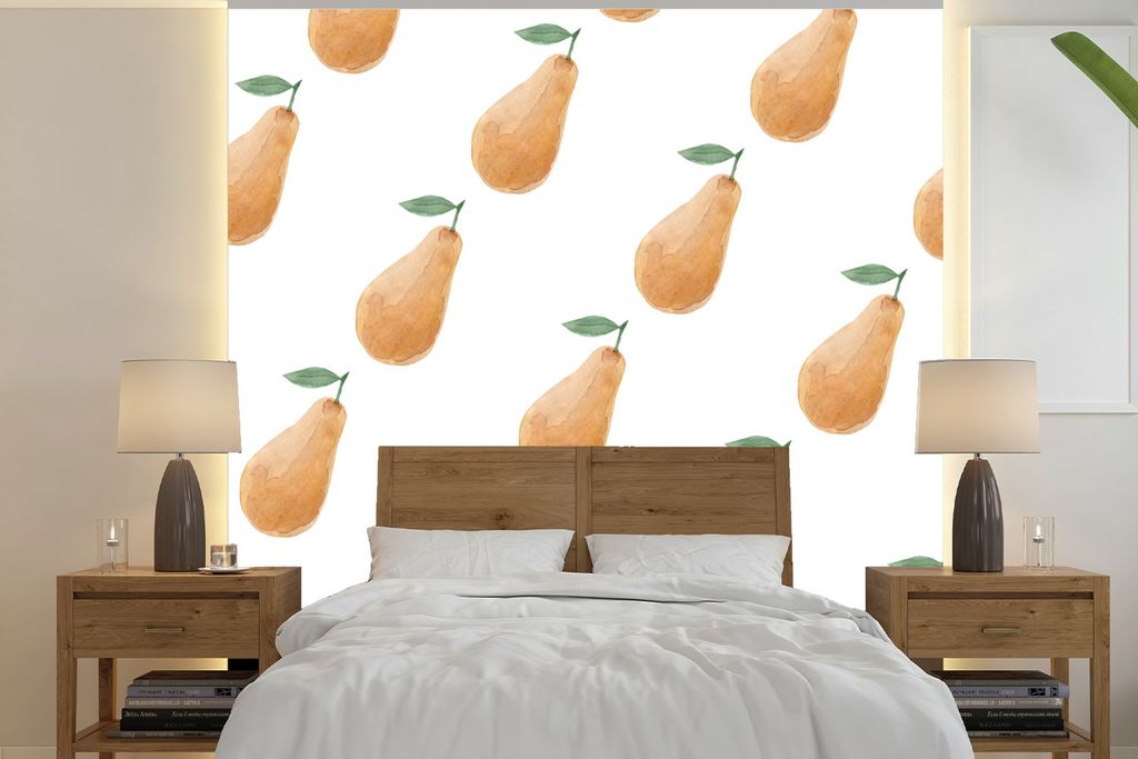 MuchoWow Fototapete für Wohnzimmer oder Schlafzimmer Wandtapete Vinyl Motivtapete Birnen - Aquarell - Weiß - 260x260 cm - Papiertapeten