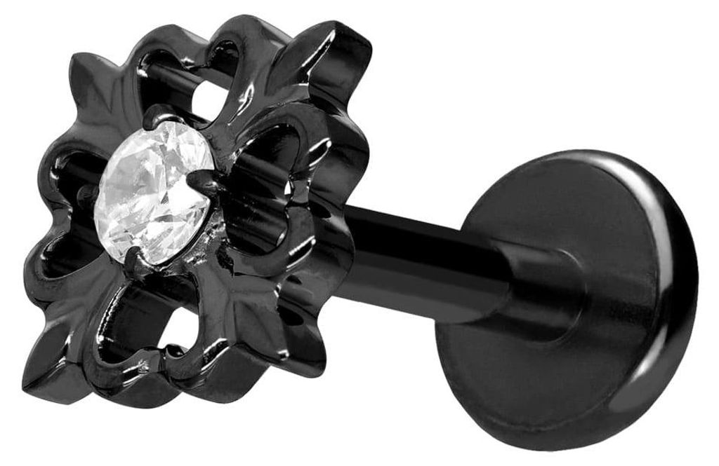 Ohrpiercing, Nasenpiercing Titan Labret mit Push Fit KLEEBLATT Schwarz Stablänge: 8mm | Stabstärke: 1,2mm