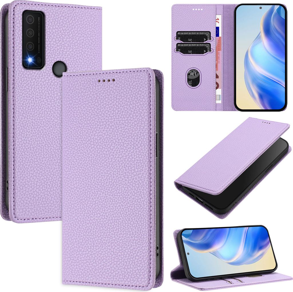 Litchi Leder Handyhülle für TCL 30 XE 5G Wallet Kartenfächer Standfunktion Hülle Violett