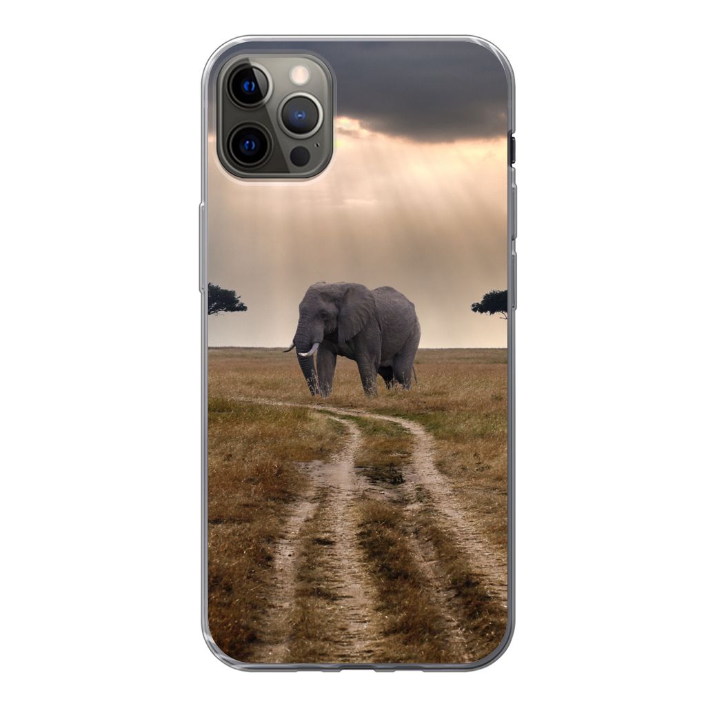 MuchoWow Handyhülle Schutzhülle Hülle für iPhone 13 Pro Max Elefant - Tiere - Wiese - Sonne Silikon Softcase Handy Hülle - Mobiltelefon