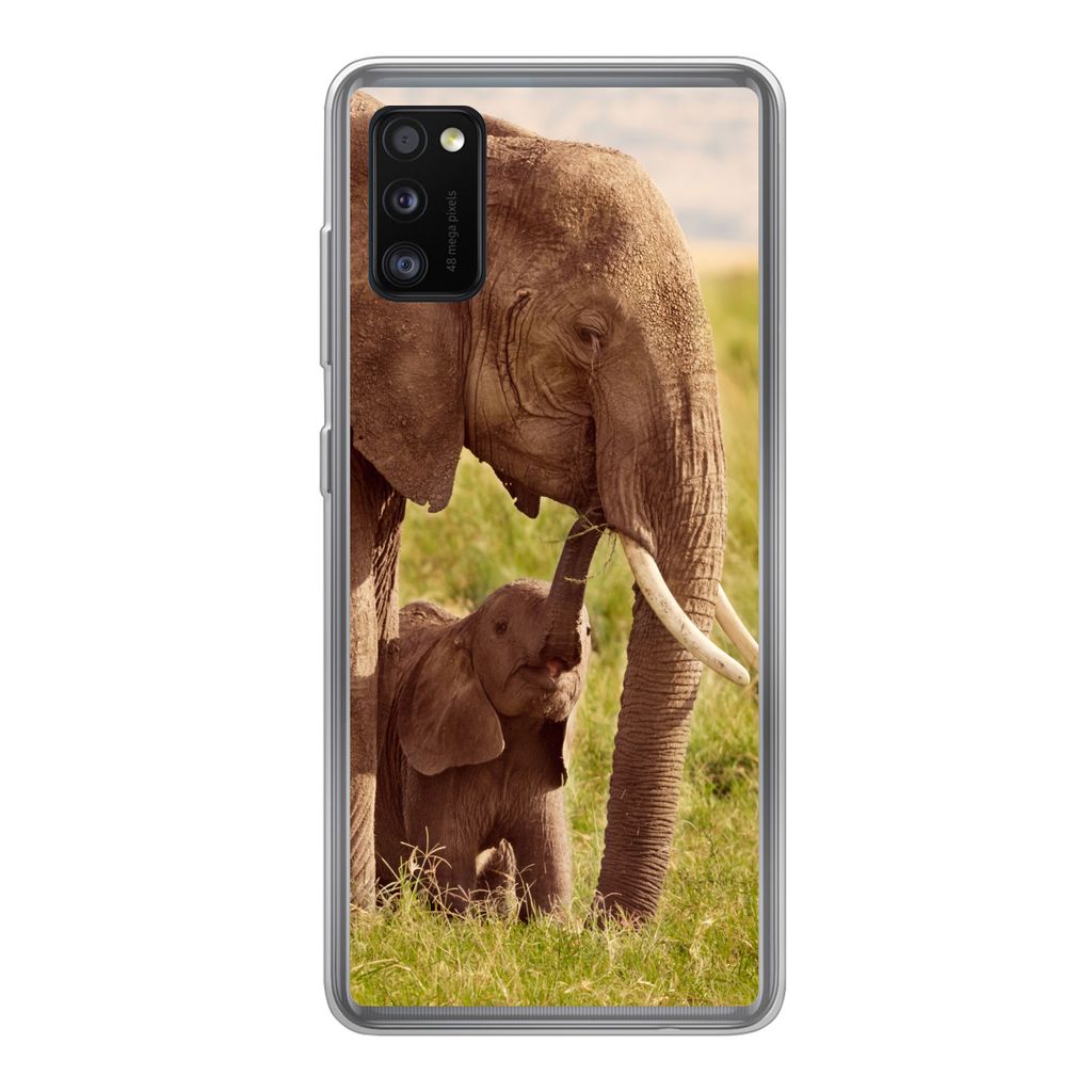 MuchoWow Handyhülle Schutzhülle Hülle für Samsung Galaxy A41 Elefant - Gras - Jung - Rüssel Silikon Softcase Handy Hülle - Mobiltelefon
