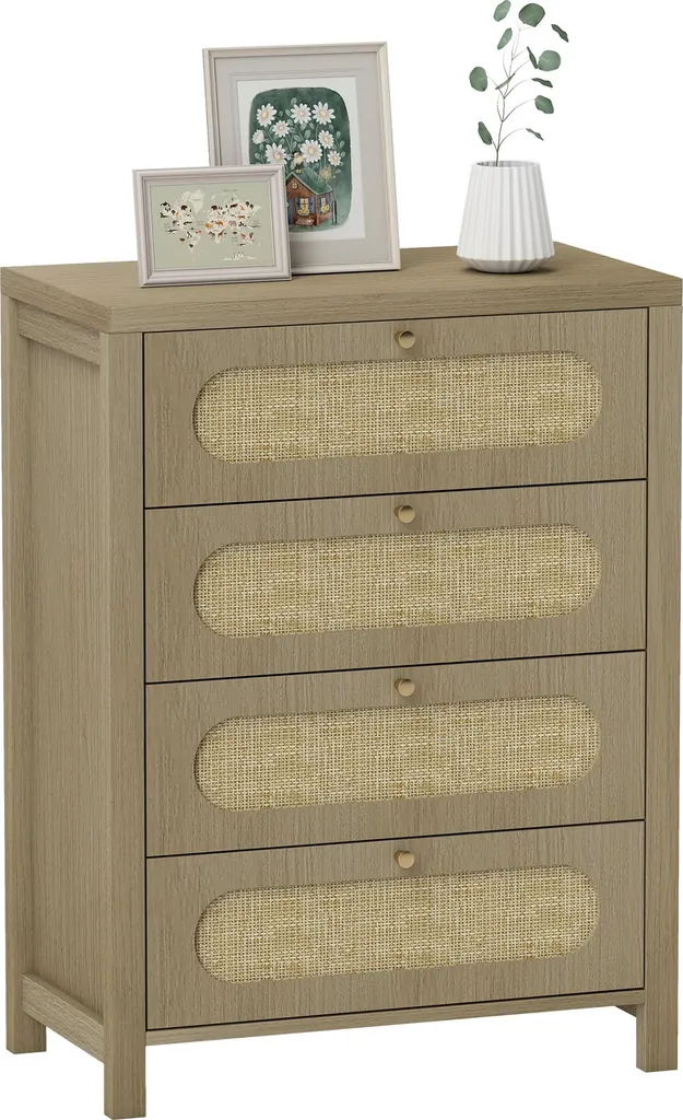 HOMCOM Commode 4 tiroirs style bohème chic en bois naturel et cannage