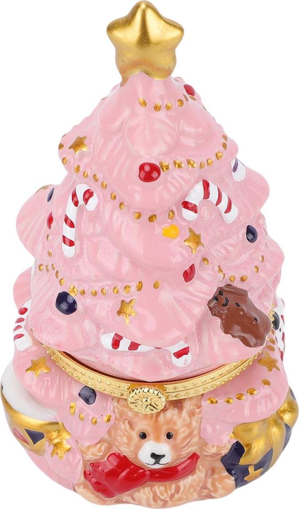 Ceramic Xmas Tree Jewelry Box with Bear Pattern Jewelry Trinket Storage Jar Ornament for Home Decoration and Present Giving Pinkish