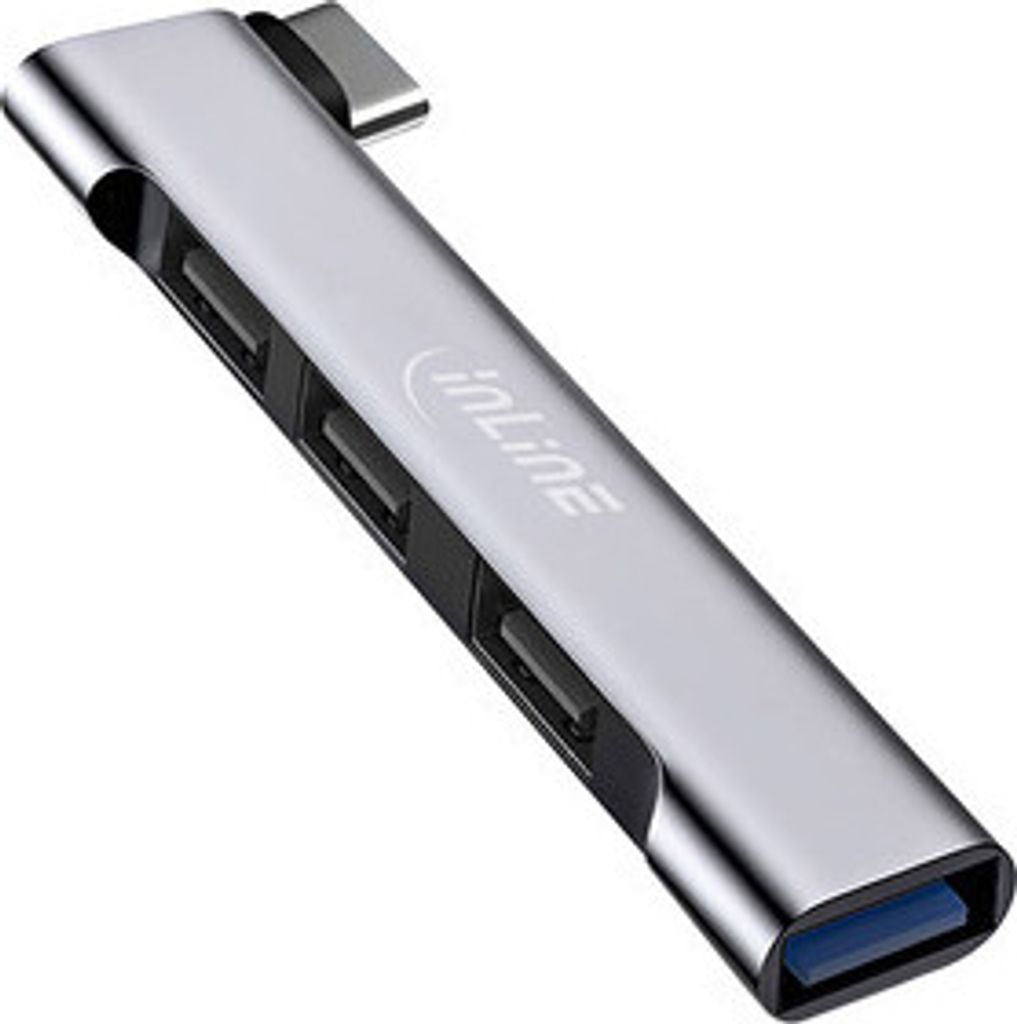 A silver USB-C hub with multiple USB ports is shown against a white background.