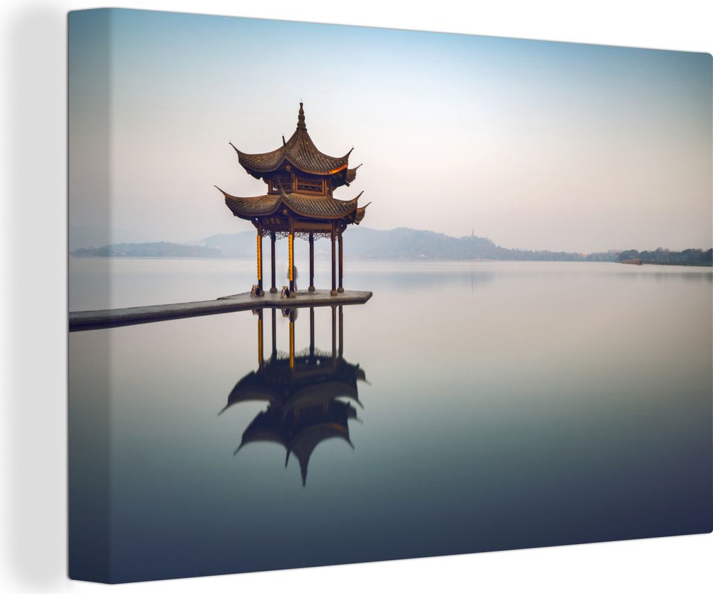 OneMillionCanvasses - Leinwandbilder - 140x90 cm, Der Pavillon im See von Hangzhou, Wandbilder Kunstdruck Wanddekoration - Foto auf Leinwand - Ge...