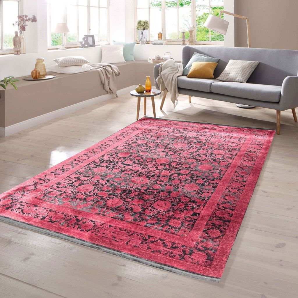 Moderner Teppich in orientalisches Blumendesign in Rot auf Schwarz Größe - 120 x 170 cm