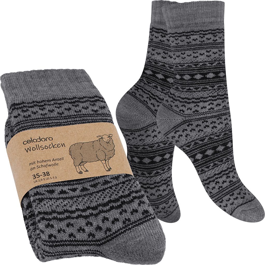 Celodoro Damen & Herren Frottee-Wollsocken mit Muster (1 Paar) - Grau mit Schwarz 39-42