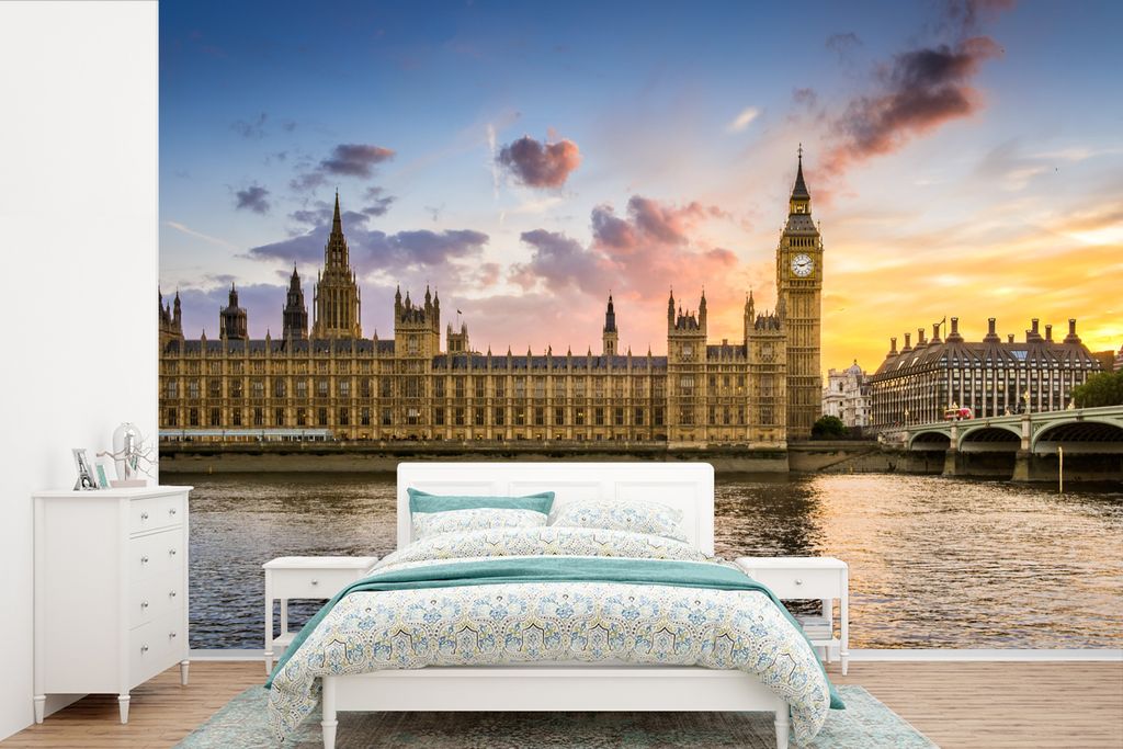 MuchoWow Fototapete für Wohnzimmer oder Schlafzimmer Wandtapete Vinyl Motivtapete Sonne - Big Ben - London - 330x220 cm - Fototapeten