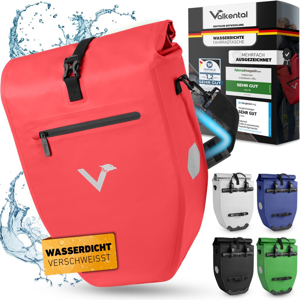 Valkental Fahrradtasche für Gepäckträger, wasserdichte Gepäckträgertasche - ValkBasic 28L rot