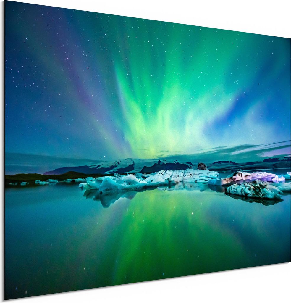 DEQORI Alu-Dibond Bild Weiß 60x40 cm 'Leuchtendes Polarlicht' Wandbild Metall dünn Design