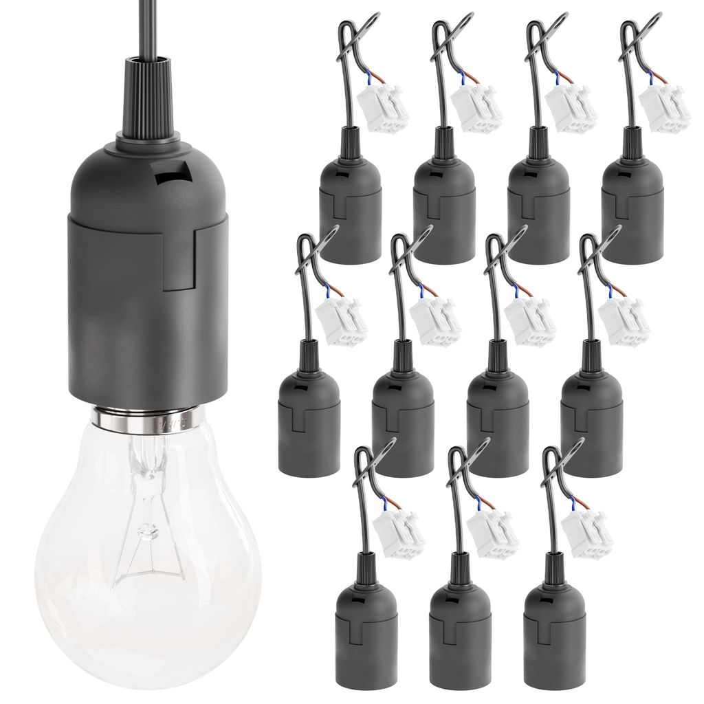 greate 12x Baufassung E27 schwarz mit Schnellverbinder - Lampenfassung E27 inkl. Zugentlastung - max. 60W 250V