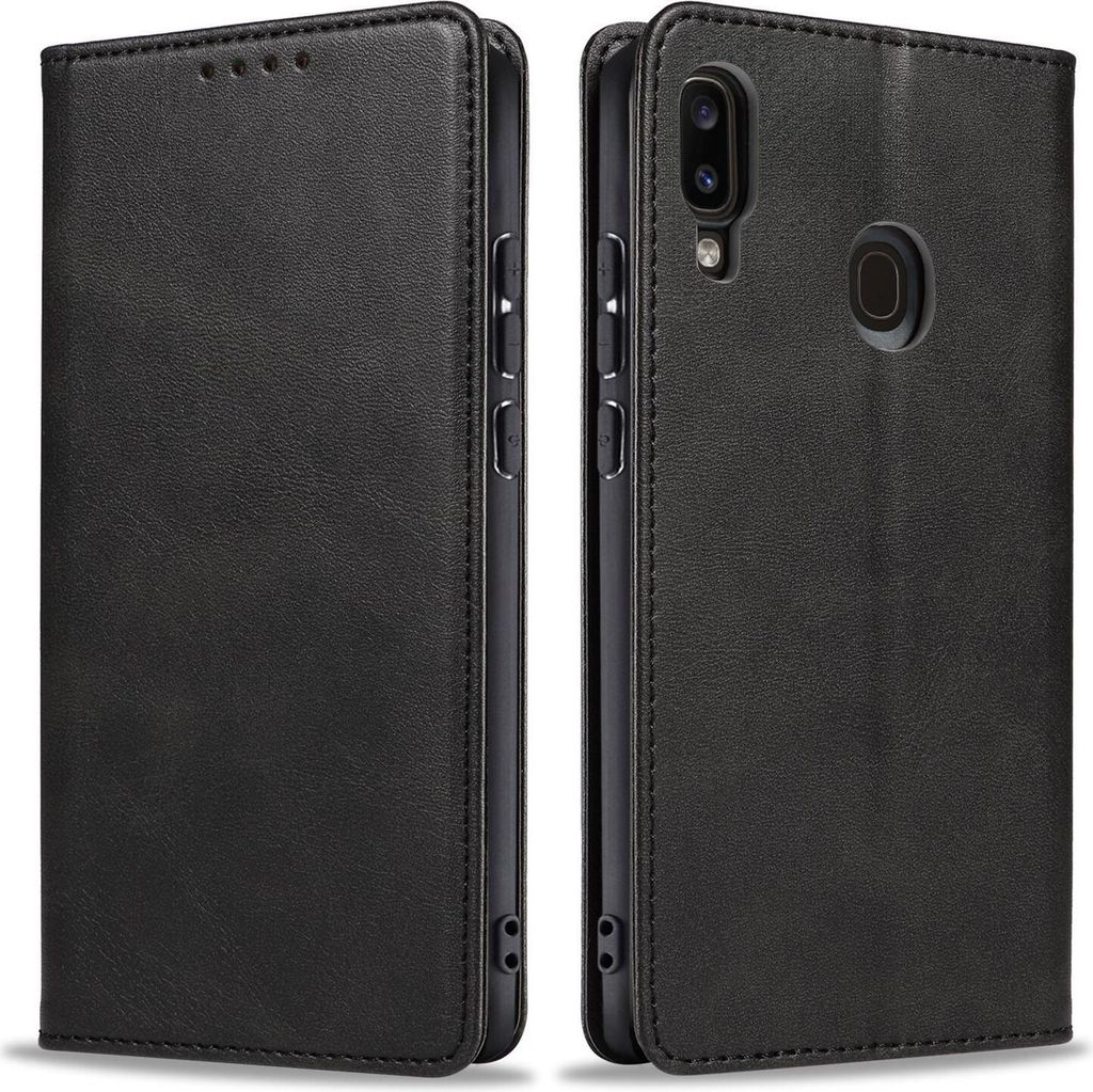 A black leather flip phone case for a Samsung Galaxy A40 is shown from two angles.