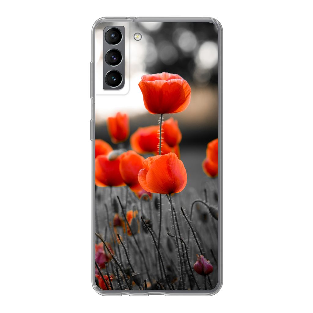 MuchoWow Handyhülle Schutzhülle Hülle für Samsung Galaxy S21 Plus Rote Mohnblumen vor schwarzem und weißem Hintergrund Silikon Softcase Hand...