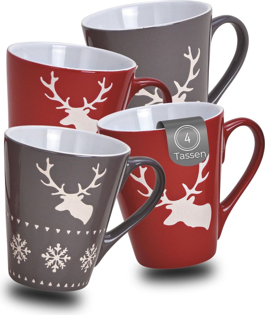 Weihnachtstassen 4er Set Hirsche Skandi grau rot