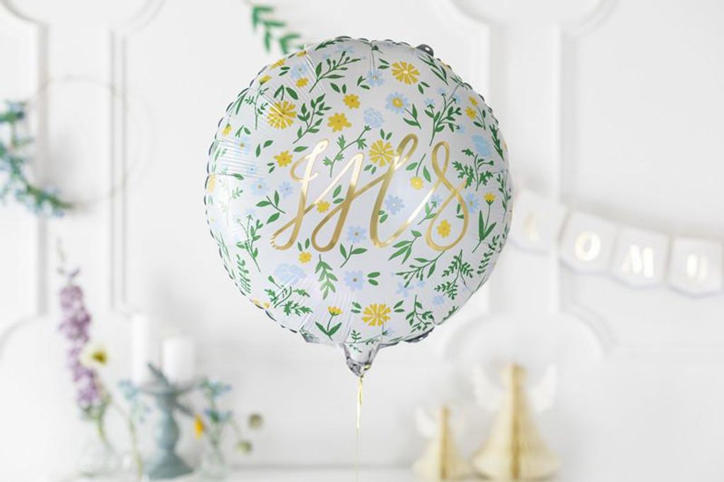 Folienballon IHS mit Blumen Motiv 45cm rund Weiß Gold Grün Produktbild 