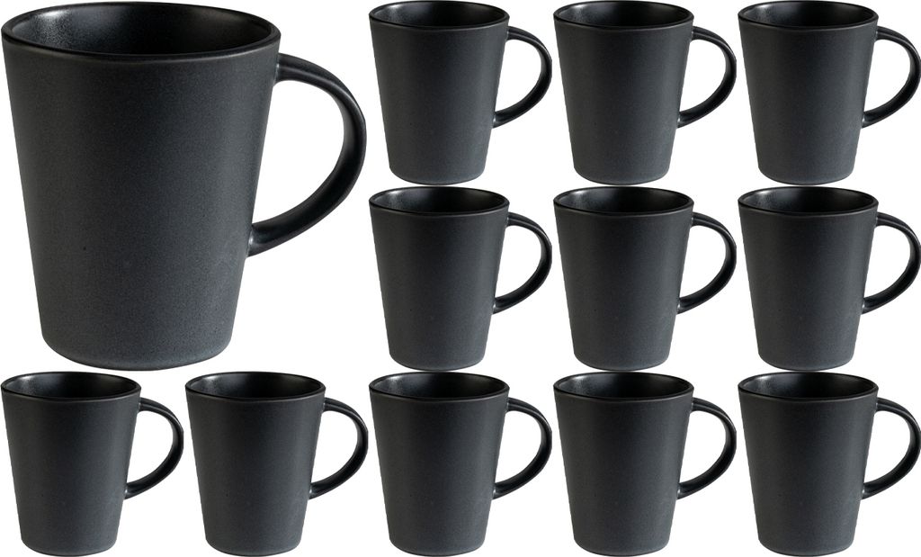 A collection of black ceramic mugs arranged on a white background.