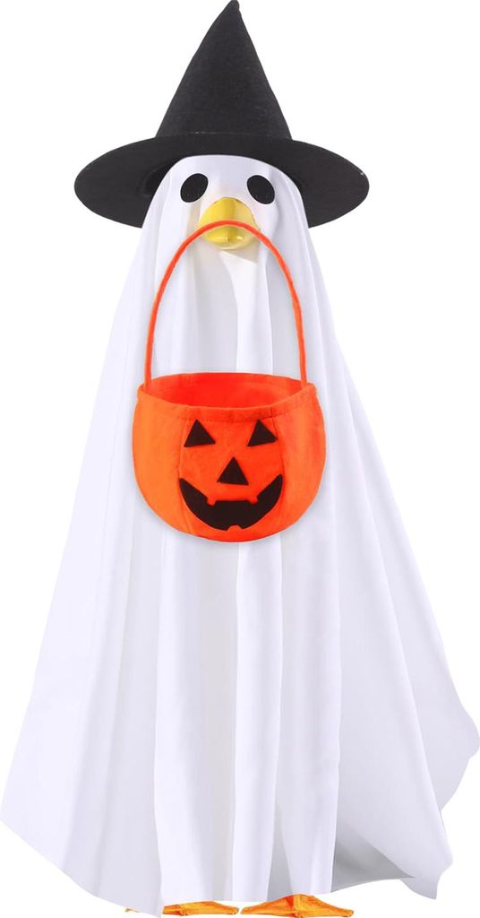 Geistergans-Outfit, Halloween-Veranda-Gänsekleidung mit Hexenhut und Kürbiseimer für 23-Zoll-Gänsestatue, Dekoration für Außenterrasse, Hof u...