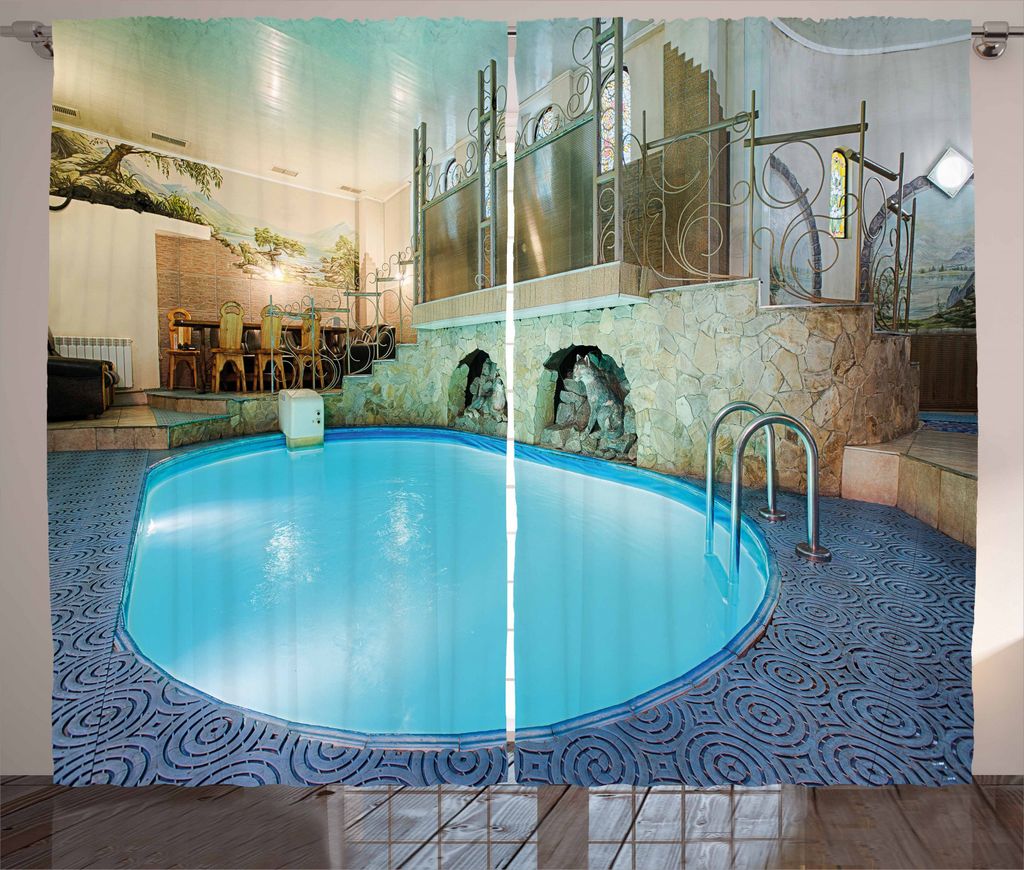 ABAKUHAUS Schwimmbad Rustikaler Vorhang, Spa Resort Relaxing, Wohnzimmer Universalband Gardinen mit Schlaufen und Haken, 280 x 245 cm, Blau Aqua Beige