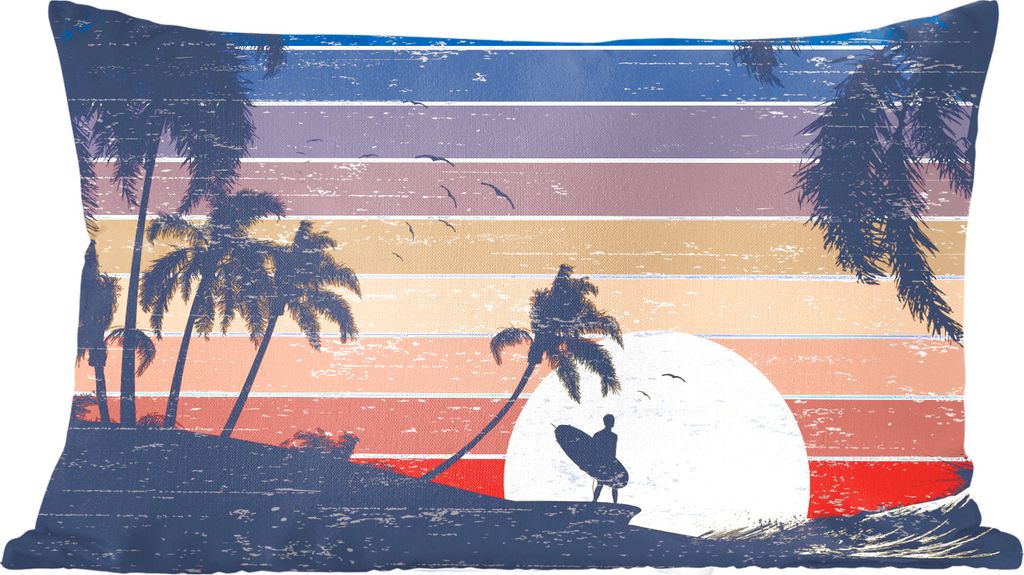 MuchoWow Zierkissen Sofakissen Wohnzimmer Dekokissen 50x30 cm Illustration eines Surfers bei Sonnenuntergang - Wohnzimmerdekoration - Polster mit...