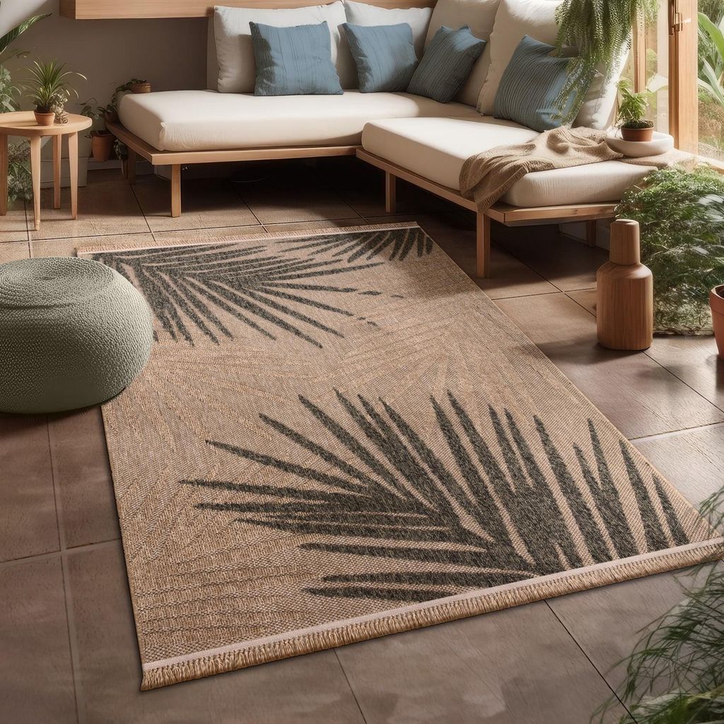 Outdoor Teppich Blätter Balkon, Terrasse schmutzabweisend Beige Rechteckig 120x160 | 100% Polypropylen | Florhöhe: 7 mm