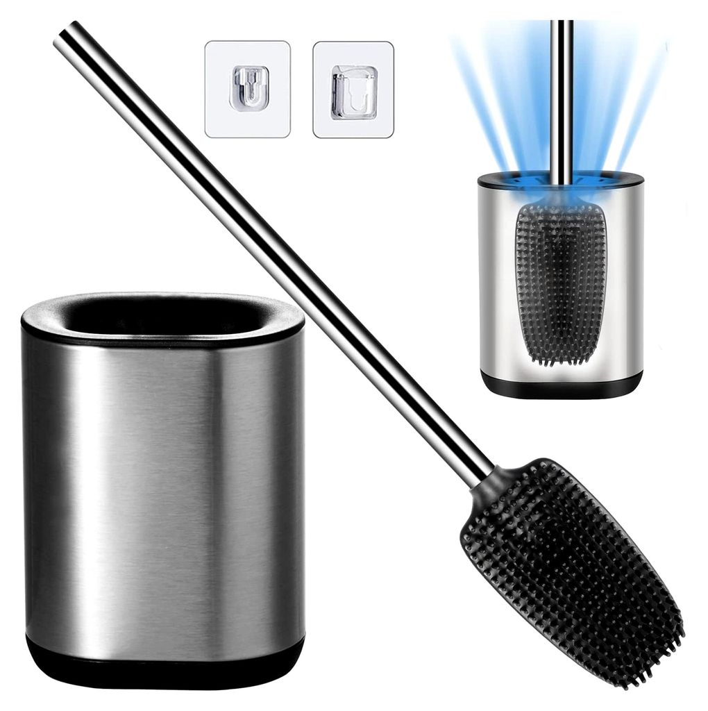 Toilettenbürste und Halter Set aus 304 Edelstahl mit Silikonbürste, WC-Bürste für das Badezimmer mit schnell trocknendem Halter (Silber)