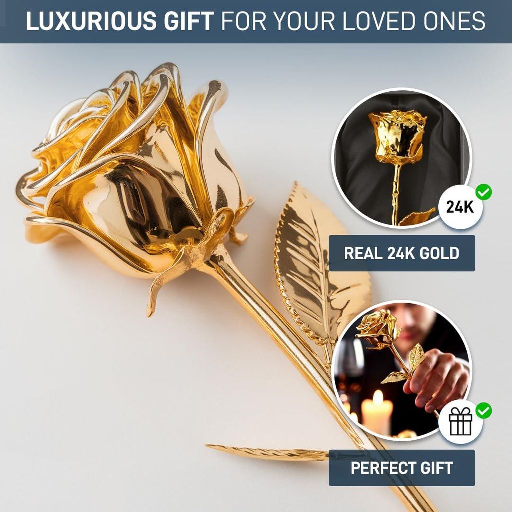 Echte Rose Vergoldet Mit 999er Gold – Ca. 28 Cm, Mit Persönlicher Gravur & Geschenkschatulle