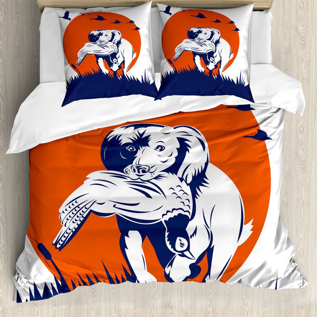 ABAKUHAUS Jagd Bettbezug, Cocker Hund und Enten, Milbensicher Allergiker geeignet mit Kissenbezügen, 155 cm x 220 cm - 80 x 80 cm, Dark Blue Orang...