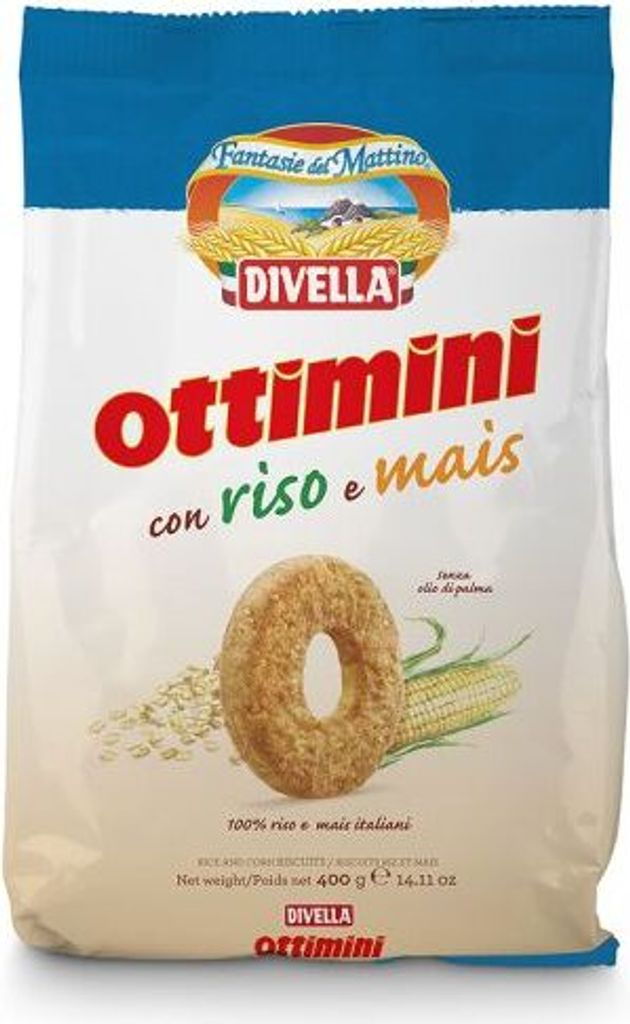 A bag of Divella Ottimini cookies with rice and corn.