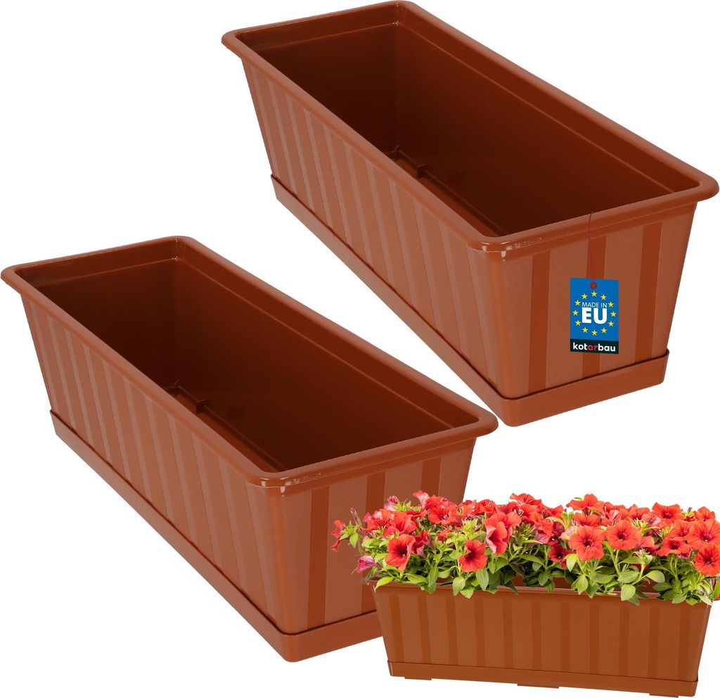KOTARBAU 2er Set Blumenkasten Blumentopf für Balkon 50 x 18 x 14 cm Terrakotta Balkonkasten Balkongeländer Pflanzkasten mit Untersetzer aus Kun...