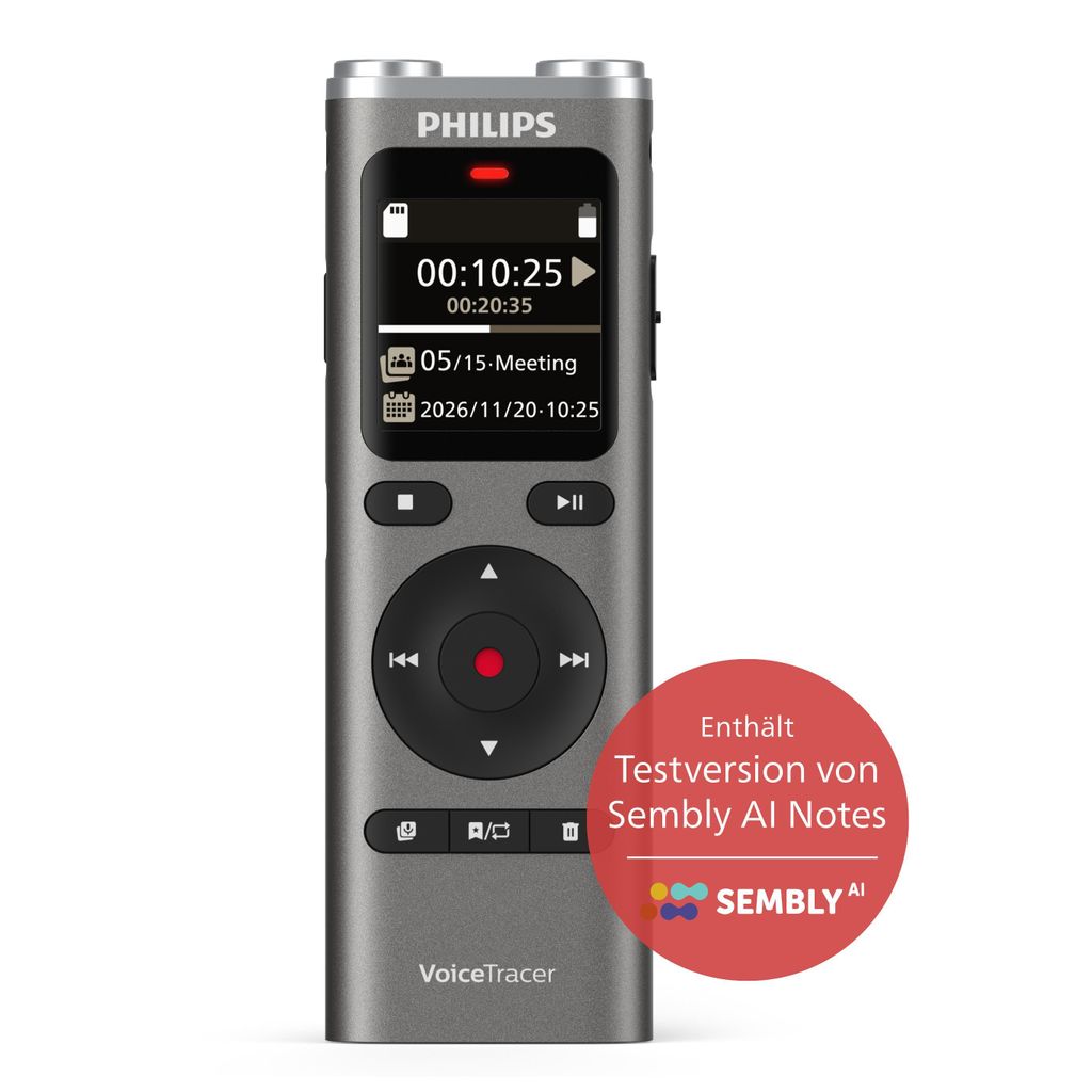 Philips DVT2075 VoiceTracer: Diktiergerät mit Sembly AI für Spracherkennung