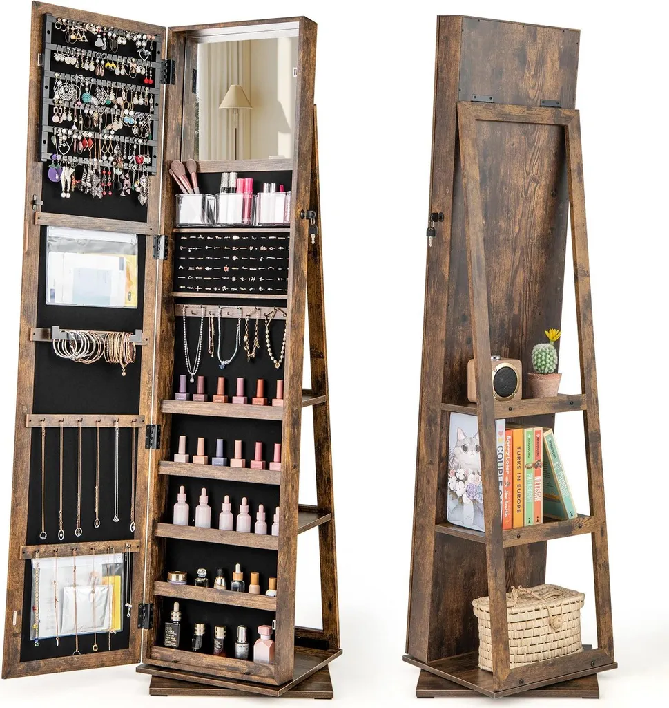 Armoire à bijoux avec miroir sur pied rotative à 360° en bois blanc