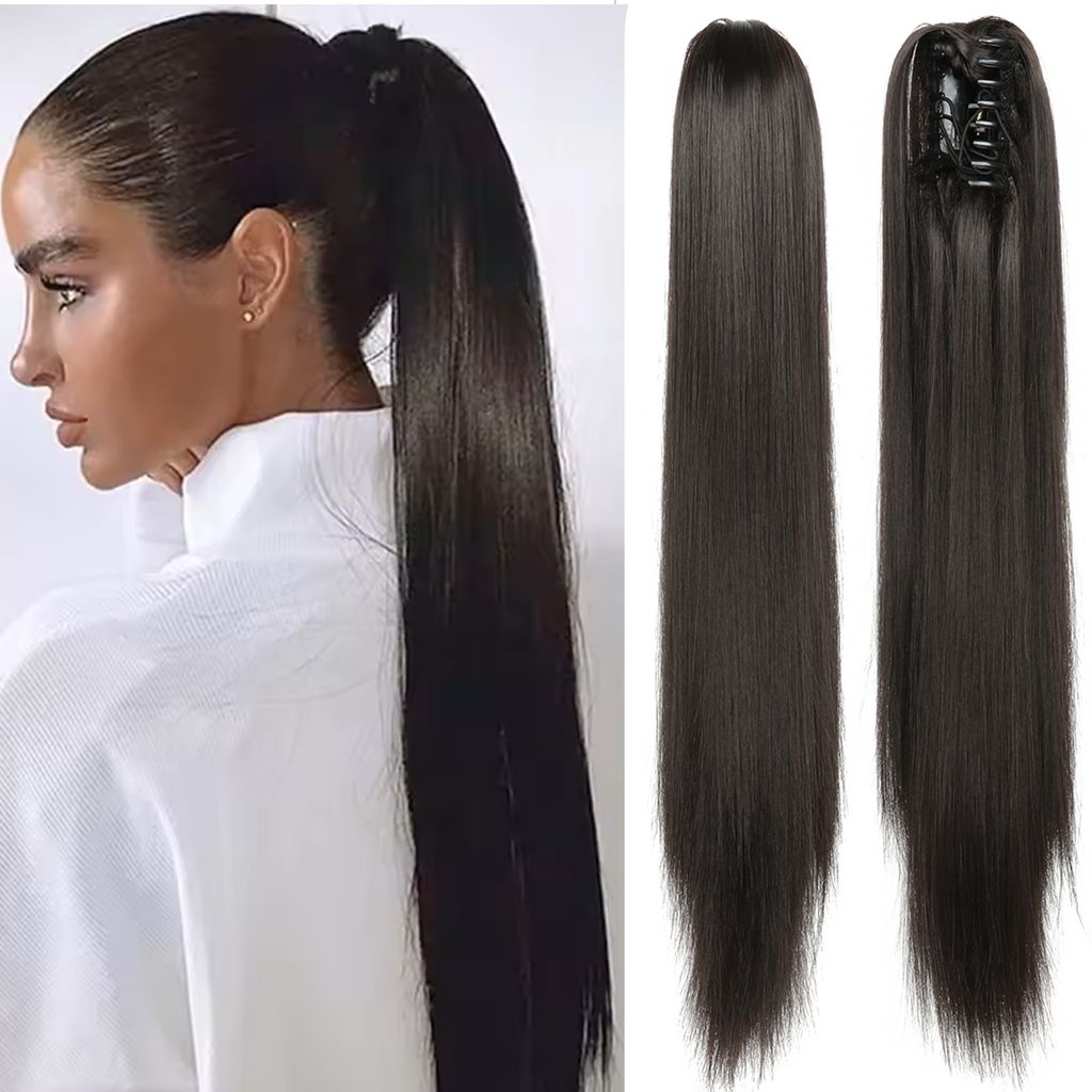 Pferdeschwanz Extensions Dunkelbraun – Clip-In Hairextensions – Brasilianische Ponytail Verlängerung – Haarteil – 60 cm