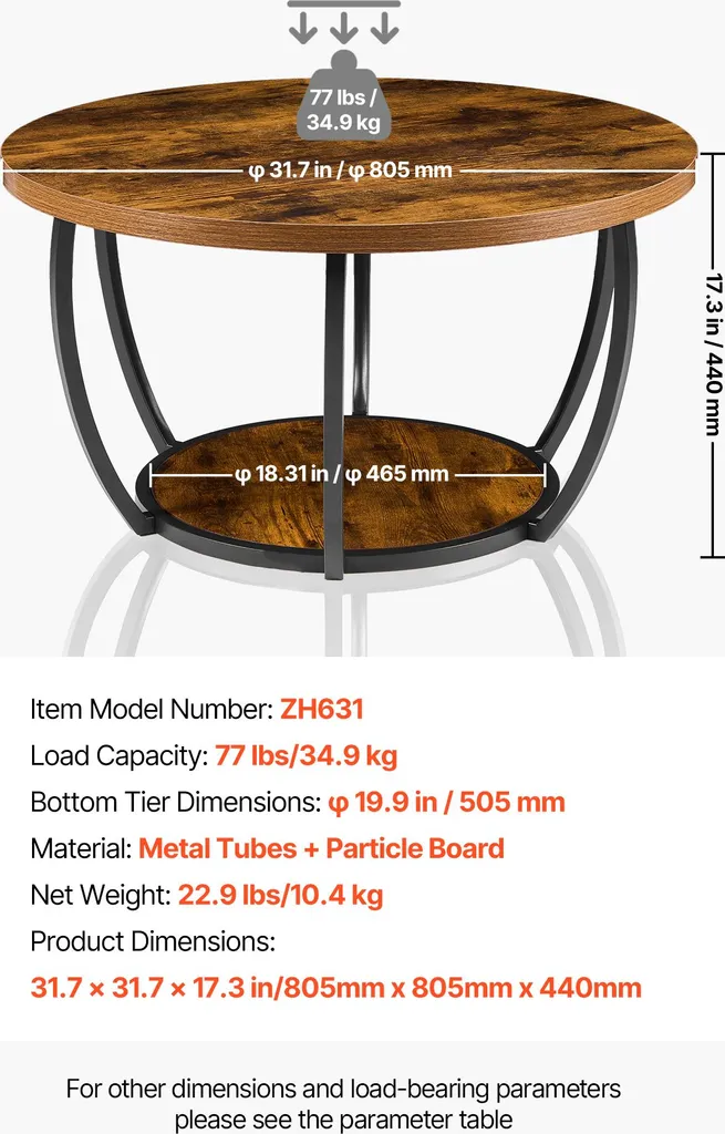 Table basse ronde anti-encombrement avec double rangement et pieds fixes