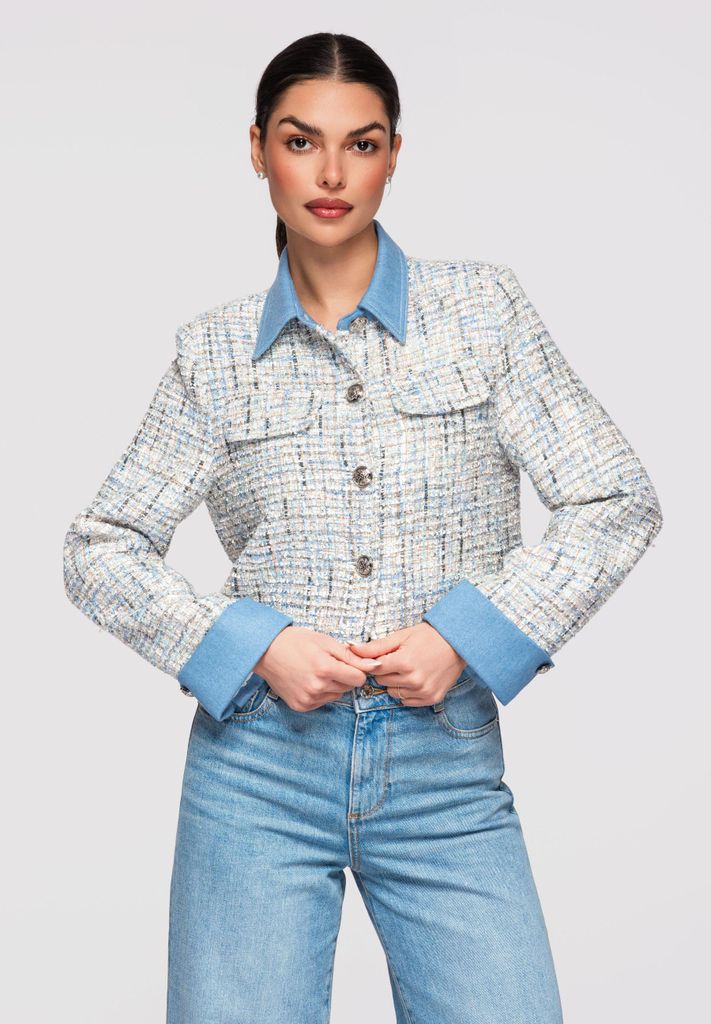 Ombre kurzer Damenblazer aus strukturiertem Stoff mit Metallknöpfen blau S