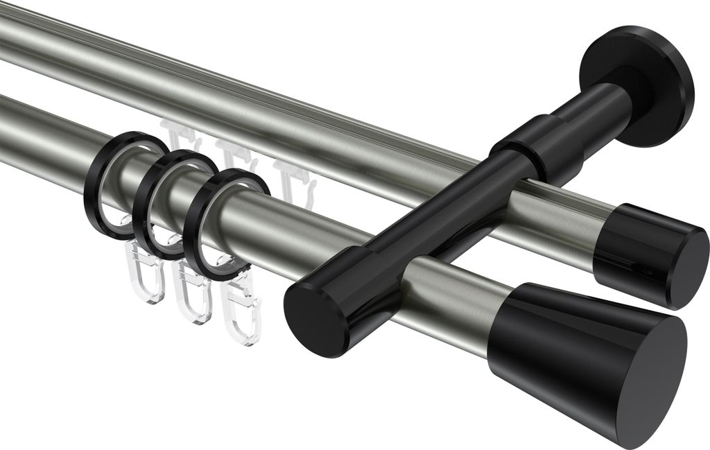 Interdeco Rundrohr-Innenlaufstange / Gardinenstange (Kombination) Edelstahl-Optik / Schwarz, Typ Prestige Sitra (Konus), 20 mm Ø 2-läufig, 480 cm