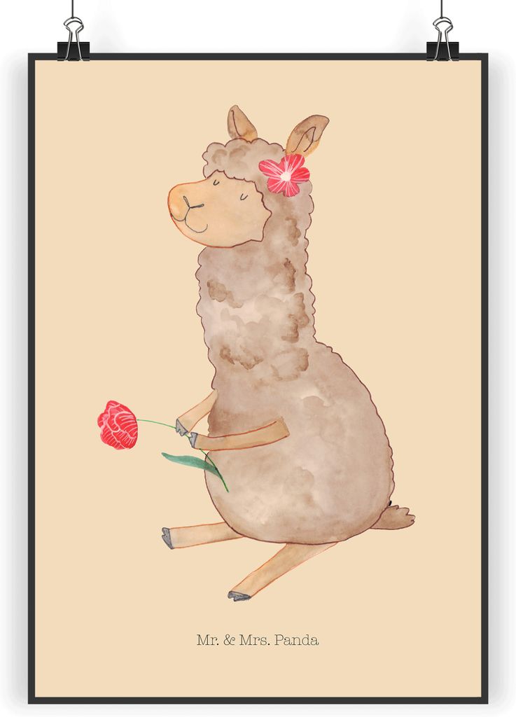 Mr. & Mrs. Panda Bild Alpaka Blume DIN A5 - Kaktus Grün - Geschenk, Plakat, wanddeko, Poster, Spruch, Lamas, Lama, Kunstdruck, Posterdruck