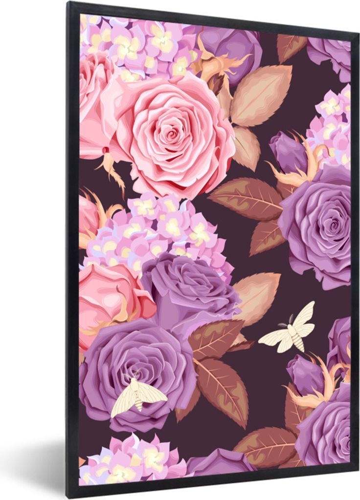 MuchoWow Gerahmtes Poster Blumen - Lila - Rosa - Schmetterlinge 40x60 cm - Poster mit Schwarzem Bilderrahmen Wandposter Rahmen Foto Bilder - Papi...