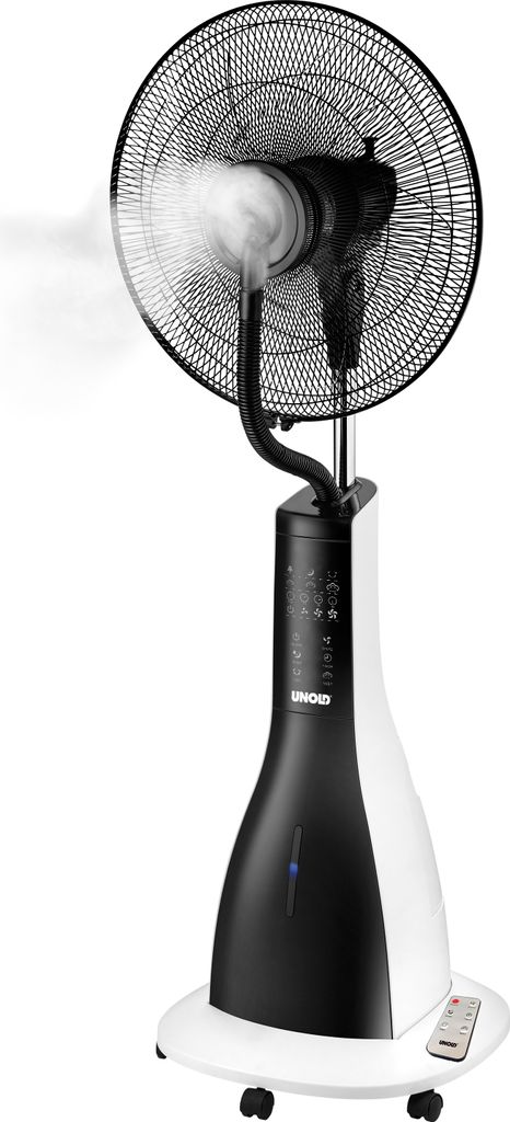 Der Unold STANDVENTILATOR NEBULA TOUCH DIGITAL ist ein schwarz-weißer Stand-Nebelventilator auf Räde