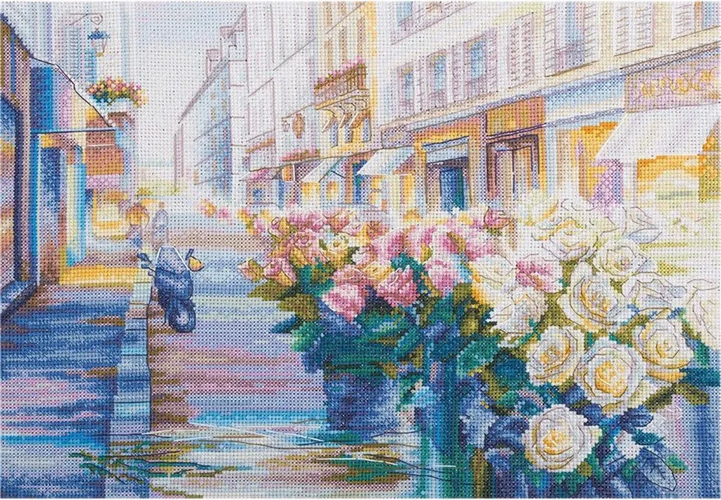 Kit de point de croix Paris en fleurs pour décoration murale DIY 31x22cm