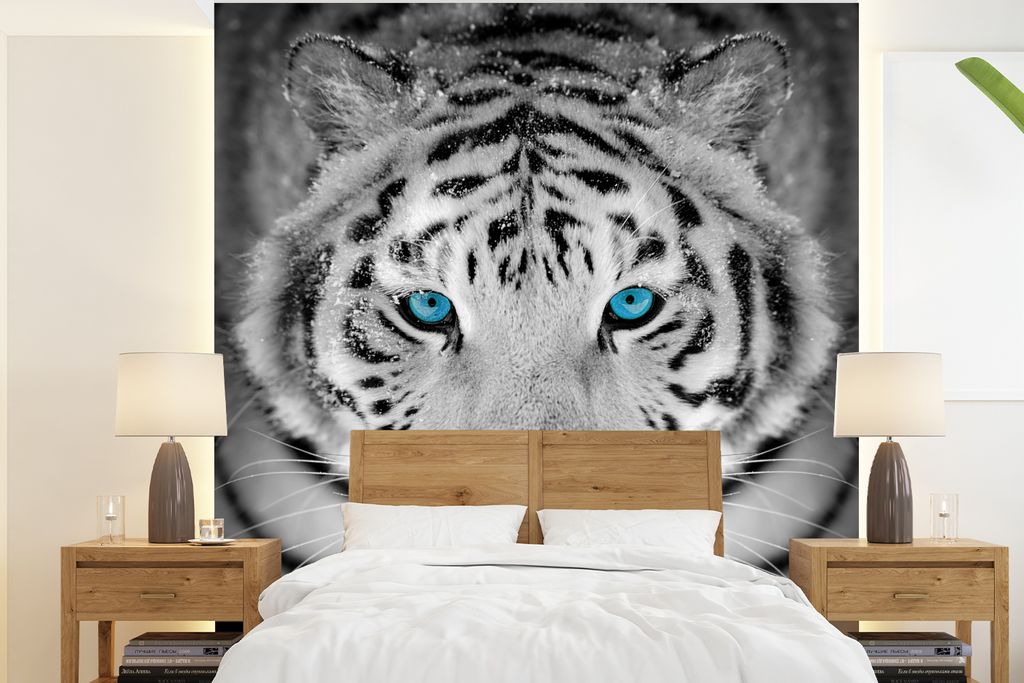 MuchoWow Fototapete für Wohnzimmer oder Schlafzimmer Wandtapete Vinyl Motivtapete Tiere - Tiger - Augen - Blau - Schwarz und weiß - 240x260 cm ...