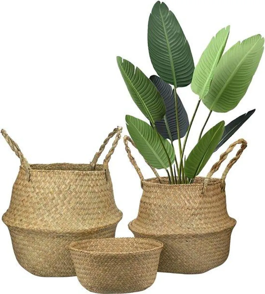 Panier Fleur en Jonc de Mer Pliable - Lot de 3 Cache-Pots avec Poignées