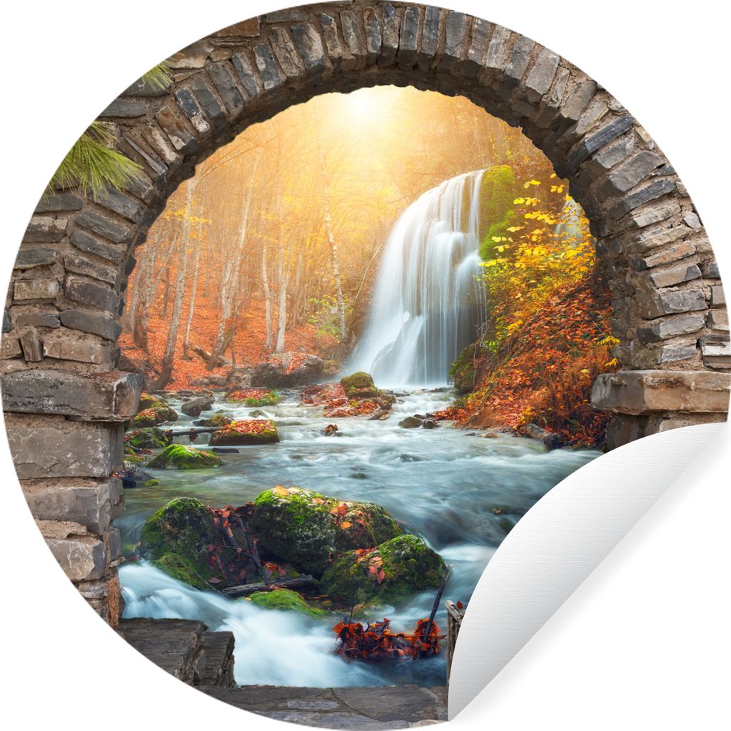MuchoWow Runde Wandtattoo - Wandsticker Tapete Aufkleber Aussicht - Wasserfall - Herbst - Landschaft Ø 50 cm Selbstklebend und Repositionierbar ...