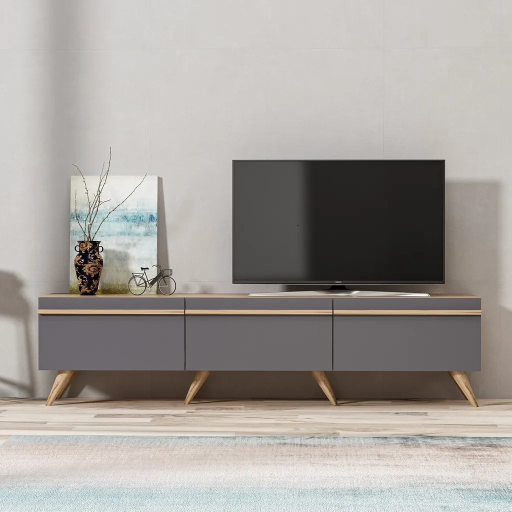 Grand meuble TV bas Amsterdam anthracite 180 cm pour salon contemporain